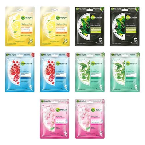 Garnier Sheet Masks Pack of 10 - Charcoal + Sakura + Light Complete + Green Tea + Hydrabomb